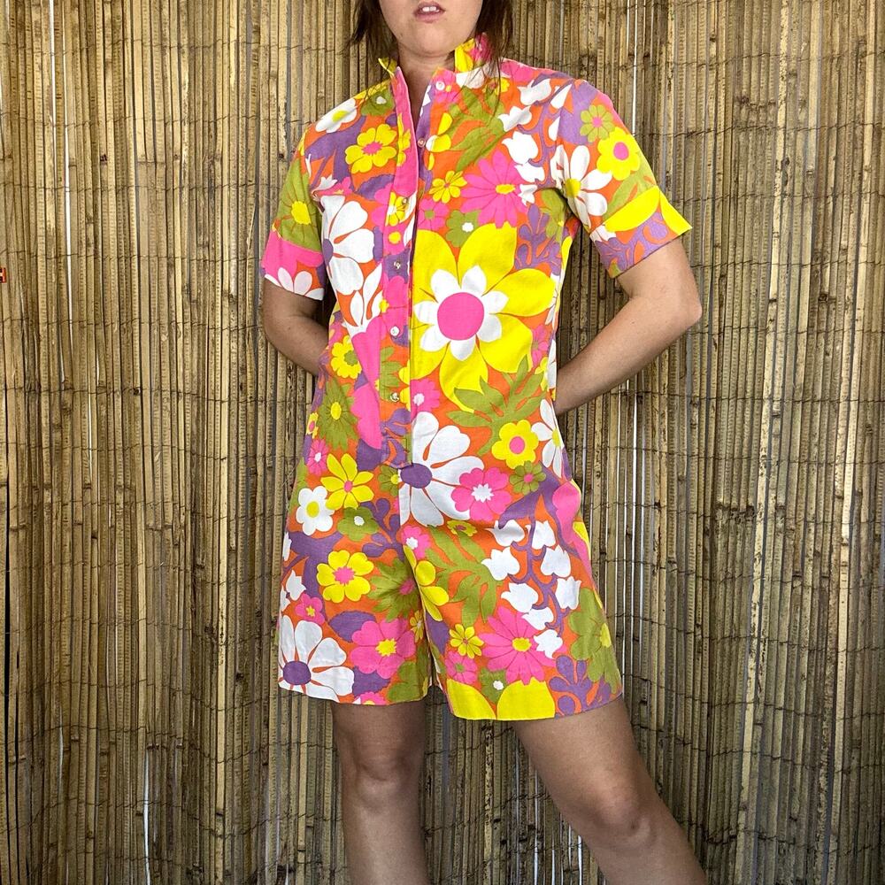 Vintage 1960s Lady Wrangler Floral Canvas Romper Jumpsuit Mod Pink Yellow - Picture 2 of 13